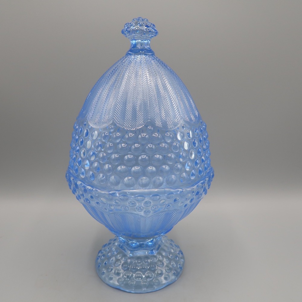 Gorham Crystal Emily's Attic Light Blue Egg Shaped 2 pc Candy Dish Hobnail
